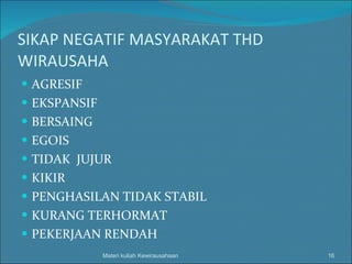 SIKAP NEGATIF MASYARAKAT THD WIRAUSAHA AGRESIF EKSPANSIF BERSAING  EGOIS TIDAK  JUJUR KIKIR PENGHASILAN TIDAK STABIL KURANG TERHORMAT PEKERJAAN RENDAH Materi kuliah Kewirausahaan 