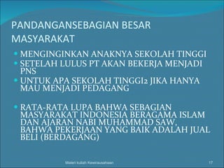 PANDANGANSEBAGIAN BESAR MASYARAKAT  MENGINGINKAN ANAKNYA SEKOLAH TINGGI  SETELAH LULUS PT AKAN BEKERJA MENJADI PNS UNTUK APA SEKOLAH TINGGI2 JIKA HANYA MAU MENJADI PEDAGANG RATA-RATA LUPA BAHWA SEBAGIAN MASYARAKAT INDONESIA BERAGAMA ISLAM DAN AJARAN NABI MUHAMMAD SAW, BAHWA PEKERJAAN YANG BAIK ADALAH JUAL BELI (BERDAGANG) Materi kuliah Kewirausahaan 