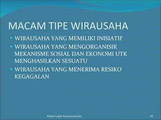 MACAM TIPE WIRAUSAHA WIRAUSAHA YANG MEMILIKI INISIATIF WIRAUSAHA YANG MENGORGANISIR MEKANISME SOSIAL DAN EKONOMI UTK MENGHASILKAN SESUATU WIRAUSAHA YANG MENERIMA RESIKO KEGAGALAN Materi kuliah Kewirausahaan 