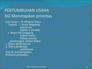 PERTUMBUHAN USAHA DG Menetapkan prioritas mis: biaya --   efisiensi biaya Upaya2 : 1. biaya langsung karyawan bahan u produk 2. biaya tdk langsung bahan bantu bahan umum penerangan, bahan bakar 3. Biaya administrasi 4. Biaya penjualan periklanan Gaji dr staf penjualan Promosi penjualan Materi kuliah Kewirausahaan 