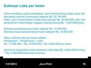 Estimasi Laba per bulan

Untuk membuka usaha percetakan, kami membutuhkan biaya untuk beli
kebutuhan sarana & prasarana sebesar Rp. 22.199.000
Maka, kami menanamkan modal awal sebesar Rp. 22.500.000, yaitu dari
penanaman modal ketiga anggota masing-masing Rp. 7.500.000/orang.

Estimasi pendapatan per bulan sebesar Rp. 17.404.000
Estimasi biaya operasional per bulan sebesar Rp. 10.600.000

Maka, estimasi laba per bulan adalah :
Pemasukan – Pengeluaran = Laba
Rp. 17.404.000 – Rp. 10.600.000 = Rp. 6.804.000 per bulan

Karena ini merupakan usaha bersama maka laba Rp. 6.804.000/3 orang
= Rp. 2.268.000/orang tiap bulannya



 1/31/2013                    Java Print                        16
 