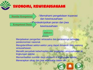 Ekonomi, Kewirausahaan
: Memahami pengelolaan koperasi
dan kewirausahaan
Mendeskripsikan peran dan jiwa
Kompetensi Dasar
kewirausahaan

Standar Kompetensi

Indikator

•
•
•
•
•

Menjelaskan pengertian wirausaha dan peranannya terhadap
perekonomian nasional.
Mengidentifikasi sektor-sektor yang dapat dimasuki oleh seorang
wirausahawan.
Meneliti penyebab keberhasilan dan kegagalan wirausahawan di
lingkungan sekitar.
Memanfaatkan sumber daya ekonomi di lingkungan sekitar.
Menerapkan sikap dan jiwa wirausaha dalam diri.

 