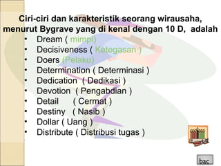 Ciri-ciri dan karakteristik seorang wirausaha,
menurut Bygrave yang di kenal dengan 10 D, adalah
• Dream ( mimpi)
• Decisiveness ( Ketegasan )
• Doers (Pelaku)
• Determination ( Determinasi )
• Dedication ( Dedikasi )
• Devotion ( Pengabdian )
• Detail ( Cermat )
• Destiny ( Nasib )
• Dollar ( Uang )
• Distribute ( Distribusi tugas )
.
bac
 