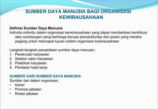 SUMBER DAYA MANUSIA BAGI ORGANISASI
KEWIRAUSAHAAN
Definisi Sumber Daya Manusia
Individu-individu dalam organisasi kerwirausahaan yang dapat memberikan kontribusi
atau sumbangan yang berharga berupa peroduktivitas dari posisi yang mereka
pegang untuk mencapai tujuan sistem organisasi kewirausahaan
Langkah-langkah penyediaan sumber daya manusia :
1. Perekrutan karyawan
2. Seleksi calon karyawan
3. Pelatihan karyawan
4. Penilaian hasil kerja
SUMBER DARI SUMBER DAYA MANUSIA
Sumber dari dalam organisasi :
• Karier
• Promosi jabatan
• Rotasi jabatan
 