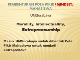 UMSurabaya
Morallity, Intellectuallity,
EntrepreneurshipEntrepreneurship
Masuk UMSurabaya sudah dibentuk Pola
Pikir Mahasiswa untuk menjadi
Entrepreneur
 