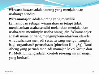 Wirausahawan adalah orang yang menjalankan
usahanya sendiri.
Wiramanajer adalah orang yang memiliki
kemampuan sebagai wirausahawan tetapi tidak
menjalankan usaha sendiri melainkan menjalankan
usaha atau memimpin usaha orang lain. Wiramanajer
adalah manajer yang mengimplementasikan ide-ide
wirausahawan menjadi sesuatu yang menguntungkan
bagi organisasi/ perusahaan (pinchott III, 1985). Tanri
Abeng yang pernah menjadi manajer Bakri Group dan
PT Multi Bintang adalah contoh seorang wiramanajer
yang berhasil.
12/08/2020 26
 