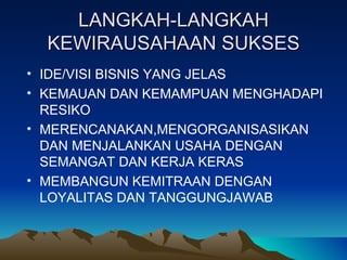 LANGKAH-LANGKAH
  KEWIRAUSAHAAN SUKSES
• IDE/VISI BISNIS YANG JELAS
• KEMAUAN DAN KEMAMPUAN MENGHADAPI
  RESIKO
• MERENCANAKAN,MENGORGANISASIKAN
  DAN MENJALANKAN USAHA DENGAN
  SEMANGAT DAN KERJA KERAS
• MEMBANGUN KEMITRAAN DENGAN
  LOYALITAS DAN TANGGUNGJAWAB
 