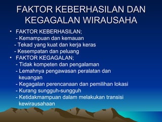 FAKTOR KEBERHASILAN DAN
    KEGAGALAN WIRAUSAHA
• FAKTOR KEBERHASILAN;
   - Kemampuan dan kemauan
  - Tekad yang kuat dan kerja keras
  - Kesempatan dan peluang
• FAKTOR KEGAGALAN;
   - Tidak kompeten dan pengalaman
   - Lemahnya pengawasan peralatan dan
     keuangan
   - Kegagalan perencanaan dan pemilihan lokasi
   - Kurang sungguh-sungguh
   - Ketidakmampuan dalam melakukan transisi
     kewirausahaan
 