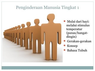Penginderaan Manusia Tingkat 1
 Mulai dari bayi:
melalui stimulus
temperatur
(panas/hangat-
dingin)
 Gerakan-gerakan
 Konsep
 Bahasa Tubuh
 