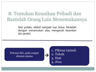 Potensi diri, pada empat
elemen utama
1. Pikiran (mind)
2. Tubuh
3. Hati
4. Jiwa
Dari prilaku efektif menjadi luar biasa. Mulailah
dengan menemukan atau mengenali keunikan
diri sendiri.
8. Temukan Keunikan Pribadi dan
Bantulah Orang Lain Menemukannya

 