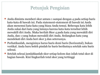 Petunjuk Pengisian
 Anda diminta memberi skor antara 1 sampai dengan 4 pada setiap baris
kata-kata di bawah ini. Pada statement-statement di bawah ini Anda
akan menemui kata-kata yang biasa Anda temui. Beberapa kata lebih
Anda sukai dari kata yang lainnya karena kata-kata tersebut lebih
mewakili diri Anda. Maka berilah Skor 4 pada kata yang mewakili diri
Anda, dan 1 yang bukan mewakili diri Anda. Sedangkan kata yang
mendekati diri Anda beri skor 3 dan seterusnya.
 Perhatikanlah, mengisinya harus baris demi baris (horizontal), bukan
vertikal. Anda baru boleh pindah ke baris berikutnya setelah satu baris
selesai.
 Setelah selesai jumlahkanlah skor setiap kolom dan isilah total skor di
bagian bawah. Kini lingkarilah total skor yang tertinggi
 