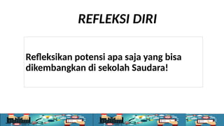 REFLEKSI DIRI
Refleksikan potensi apa saja yang bisa
dikembangkan di sekolah Saudara!
 