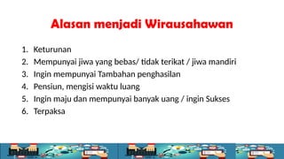 Alasan menjadi Wirausahawan
1. Keturunan
2. Mempunyai jiwa yang bebas/ tidak terikat / jiwa mandiri
3. Ingin mempunyai Tambahan penghasilan
4. Pensiun, mengisi waktu luang
5. Ingin maju dan mempunyai banyak uang / ingin Sukses
6. Terpaksa
 