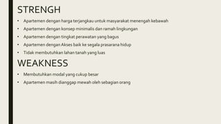 STRENGH
• Apartemen dengan harga terjangkau untuk masyarakat menengah kebawah
• Apartemen dengan konsep minimalis dan ramah lingkungan
• Apartemen dengan tingkat perawatan yang bagus
• Apartemen denganAkses baik ke segala prasarana hidup
• Tidak membutuhkan lahan tanah yang luas
WEAKNESS
• Membutuhkan modal yang cukup besar
• Apartemen masih dianggap mewah oleh sebagian orang
 