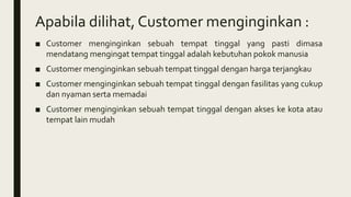 Apabila dilihat, Customer menginginkan :
■ Customer menginginkan sebuah tempat tinggal yang pasti dimasa
mendatang mengingat tempat tinggal adalah kebutuhan pokok manusia
■ Customer menginginkan sebuah tempat tinggal dengan harga terjangkau
■ Customer menginginkan sebuah tempat tinggal dengan fasilitas yang cukup
dan nyaman serta memadai
■ Customer menginginkan sebuah tempat tinggal dengan akses ke kota atau
tempat lain mudah
 
