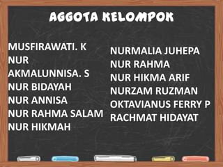 AGGOTA KELOMPOK

MUSFIRAWATI. K    NURMALIA JUHEPA
NUR               NUR RAHMA
AKMALUNNISA. S    NUR HIKMA ARIF
NUR BIDAYAH       NURZAM RUZMAN
NUR ANNISA        OKTAVIANUS FERRY P
NUR RAHMA SALAM   RACHMAT HIDAYAT
NUR HIKMAH
 