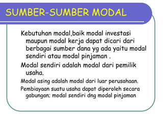 SUMBER-SUMBER MODAL
Kebutuhan modal,baik modal investasi
maupun modal kerja dapat dicari dari
berbagai sumber dana yg ada yaitu modal
sendiri atau modal pinjaman .
Modal sendiri adalah modal dari pemilik
usaha.
Modal asing adalah modal dari luar perusahaan.
Pembiayaan suatu usaha dapat diperoleh secara
gabungan; modal sendiri dng modal pinjaman
 