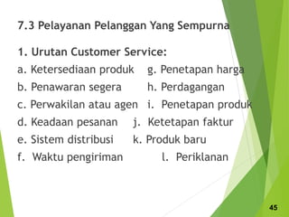 7.3 Pelayanan Pelanggan Yang Sempurna
1. Urutan Customer Service:
a. Ketersediaan produk g. Penetapan harga
b. Penawaran segera h. Perdagangan
c. Perwakilan atau agen i. Penetapan produk
d. Keadaan pesanan j. Ketetapan faktur
e. Sistem distribusi k. Produk baru
f. Waktu pengiriman l. Periklanan
45
 