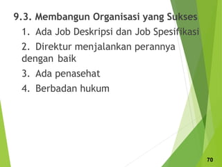 9.3. Membangun Organisasi yang Sukses
1. Ada Job Deskripsi dan Job Spesifikasi
2. Direktur menjalankan perannya
dengan baik
3. Ada penasehat
4. Berbadan hukum
70
 