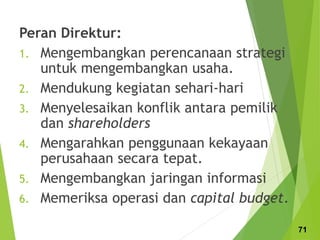 Peran Direktur:
1. Mengembangkan perencanaan strategi
untuk mengembangkan usaha.
2. Mendukung kegiatan sehari-hari
3. Menyelesaikan konflik antara pemilik
dan shareholders
4. Mengarahkan penggunaan kekayaan
perusahaan secara tepat.
5. Mengembangkan jaringan informasi
6. Memeriksa operasi dan capital budget.
71
 