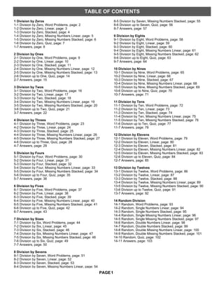 TABLE OF CONTENTS
1 Division by Zeros
1-1 Division by Zero, Word Problems, page: 2
1-2 Division by Zero, Linear, page: 3
1-3 Division by Zero, Stacked, page: 4
1-4 Division by Zero, Missing Numbers Linear, page: 5
1-5 Division by Zero, Missing Numbers Stacked, page: 6
1-6 Division by Zero, Quiz, page: 7
1-7 Answers, page: 8
2 Division by Ones
2-1 Division by One, Word Problems, page: 9
2-2 Division by One, Linear, page: 10
2-3 Division by One, Stacked, page: 11
2-4 Division by One, Missing Numbers Linear, page: 12
2-5 Division by One, Missing Numbers Stacked, page: 13
2-6 Division up to One, Quiz, page: 14
2-7 Answers, page: 15
3 Division by Twos
3-1 Division by Two, Word Problems, page: 16
3-2 Division by Two, Linear, page: 17
3-3 Division by Two, Stacked, page: 18
3-4 Division by Two, Missing Numbers Linear, page: 19
3-5 Division by Two, Missing Numbers Stacked, page: 20
3-6 Division up to Two, Quiz, page: 21
3-7 Answers, page: 22
4 Division by Threes
4-1 Division by Three, Word Problems, page: 23
4-2 Division by Three, Linear, page: 24
4-3 Division by Three, Stacked, page: 25
4-4 Division by Three, Missing Numbers Linear, page: 26
4-5 Division by Three, Missing Numbers Stacked, page: 27
4-6 Division up to Three, Quiz, page: 28
4-7 Answers, page: 29
5 Division by Fours
5-1 Division by Four, Word Problems, page: 30
5-2 Division by Four, Linear, page: 31
5-3 Division by Four, Stacked, page: 32
5-4 Division by Four, Missing Numbers Linear, page: 33
5-5 Division by Four, Missing Numbers Stacked, page: 34
5-6 Division up to Four, Quiz, page: 35
5-7 Answers, page: 36
6 Division by Fives
6-1 Division by Five, Word Problems, page: 37
6-2 Division by Five, Linear, page: 38
6-3 Division by Five, Stacked, page: 39
6-4 Division by Five, Missing Numbers Linear, page: 40
6-5 Division by Five, Missing Numbers Stacked, page: 41
6-6 Division up to Five, Quiz, page: 42
6-7 Answers, page: 43
7 Division by Sixes
7-1 Division by Six, Word Problems, page: 44
7-2 Division by Six, Linear, page: 45
7-3 Division by Six, Stacked, page: 46
7-4 Division by Six, Missing Numbers Linear, page: 47
7-5 Division by Six, Missing Numbers Stacked, page: 48
7-6 Division up to Six, Quiz, page: 49
7-7 Answers, page: 50
8 Division by Sevens
8-1 Division by Seven, Word Problems, page: 51
8-2 Division by Seven, Linear, page: 52
8-3 Division by Seven, Stacked, page: 53
8-4 Division by Seven, Missing Numbers Linear, page: 54
8-5 Division by Seven, Missing Numbers Stacked, page: 55
8-6 Division up to Seven, Quiz, page: 56
8-7 Answers, page: 57
9 Division by Eights
9-1 Division by Eight, Word Problems, page: 58
9-2 Division by Eight, Linear, page: 59
9-3 Division by Eight, Stacked, page: 60
9-4 Division by Eight, Missing Numbers Linear, page: 61
9-5 Division by Eight, Missing Numbers Stacked, page: 62
9-6 Division up to Eight, Quiz, page: 63
9-7 Answers, page: 64
10 Division by Nines
10-1 Division by Nine, Word Problems, page: 65
10-2 Division by Nine, Linear, page: 66
10-3 Division by Nine, Stacked, page: 67
10-4 Division by Nine, Missing Numbers Linear, page: 68
10-5 Division by Nine, Missing Numbers Stacked, page: 69
10-6 Division up to Nine, Quiz, page: 70
10-7 Answers, page: 71
11 Division by Tens
11-1 Division by Ten, Word Problems, page: 72
11-2 Division by Ten, Linear, page: 73
11-3 Division by Ten, Stacked, page: 74
11-4 Division by Ten, Missing Numbers Linear, page: 75
11-5 Division by Ten, Missing Numbers Stacked, page: 76
11-6 Division up to Ten, Quiz, page: 77
11-7 Answers, page: 78
12 Division by Elevens
12-1 Division by Eleven, Word Problems, page: 79
12-2 Division by Eleven, Linear, page: 80
12-3 Division by Eleven, Stacked, page: 81
12-4 Division by Eleven, Missing Numbers Linear, page: 82
12-5 Division by Eleven, Missing Numbers Stacked, page: 83
12-6 Division up to Eleven, Quiz, page: 84
12-7 Answers, page: 85
13 Division by Twelves
13-1 Division by Twelve, Word Problems, page: 86
13-2 Division by Twelve, Linear, page: 87
13-3 Division by Twelve, Stacked, page: 88
13-4 Division by Twelve, Missing Numbers Linear, page: 89
13-5 Division by Twelve, Missing Numbers Stacked, page: 90
13-6 Division up to Twelve, Quiz, page: 91
13-7 Answers, page: 92
14 Random Division
14-1 Random, Word Problems, page: 93
14-2 Random, Single Numbers Linear, page: 94
14-3 Random, Single Numbers Stacked, page: 95
14-4 Random, Single Missing Numbers Linear, page: 96
14-5 Random, Single Missing Numbers Stacked, page: 97
14-6 Random, Double Numbers Linear, page: 98
14-7 Random, Double Numbers Stacked, page: 99
14-8 Random, Double Missing Numbers Linear, page: 100
14-9 Random, Double Missing Numbers Stacked, page: 101
14-10 Random, Quiz, page: 102
14-11 Answers, page: 103
1PAGE
 