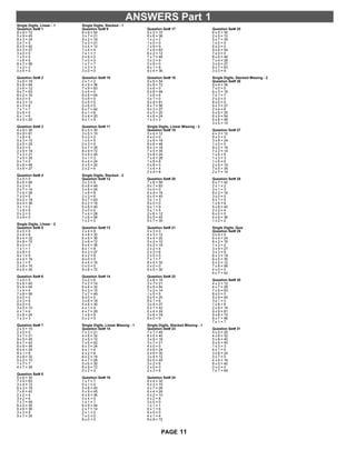 ANSWERS Part 1
Single Digits, Linear - 1
Question Set# 1
8 x 9 = 72
5 x 9 = 45
8 x 3 = 24
0 x 7 = 0
8 x 5 = 40
9 x 3 = 27
3 x 0 = 0
1 x 5 = 5
1 x 6 = 6
8 x 7 = 56
1 x 2 = 2
0 x 4 = 0
Question Set# 2
3 x 6 = 18
8 x 8 = 64
2 x 6 = 12
9 x 7 = 63
8 x 2 = 16
6 x 0 = 0
4 x 3 = 12
4 x 2 = 8
7 x 1 = 7
0 x 6 = 0
6 x 1 = 6
4 x 5 = 20
Question Set# 3
4 x 9 = 36
9 x 9 = 81
1 x 8 = 8
5 x 3 = 15
5 x 5 = 25
5 x 0 = 0
2 x 9 = 18
7 x 3 = 21
7 x 5 = 35
0 x 1 = 0
6 x 8 = 48
3 x 9 = 27
Question Set# 4
0 x 5 = 0
8 x 6 = 48
0 x 2 = 0
2 x 7 = 14
7 x 4 = 28
7 x 0 = 0
9 x 2 = 18
9 x 4 = 36
3 x 1 = 3
1 x 9 = 9
0 x 3 = 0
0 x 9 = 0
Single Digits, Linear - 2
Question Set# 5
4 x 0 = 0
2 x 4 = 8
8 x 4 = 32
9 x 8 = 72
8 x 0 = 0
1 x 1 = 1
0 x 8 = 0
9 x 1 = 9
4 x 4 = 16
5 x 1 = 5
2 x 8 = 16
4 x 6 = 24
Question Set# 6
1 x 0 = 0
5 x 8 = 40
9 x 6 = 54
1 x 4 = 4
7 x 8 = 56
0 x 0 = 0
2 x 3 = 6
9 x 0 = 0
3 x 5 = 15
4 x 1 = 4
3 x 8 = 24
1 x 3 = 3
Question Set# 7
2 x 5 = 10
2 x 0 = 0
3 x 7 = 21
9 x 5 = 45
6 x 7 = 42
6 x 9 = 54
6 x 4 = 24
8 x 1 = 8
4 x 8 = 32
5 x 2 = 10
1 x 7 = 7
4 x 7 = 28
Question Set# 8
5 x 6 = 30
7 x 9 = 63
3 x 4 = 12
6 x 3 = 18
7 x 6 = 42
2 x 2 = 4
3 x 2 = 6
7 x 7 = 49
6 x 5 = 30
6 x 6 = 36
3 x 3 = 9
5 x 7 = 35
Single Digits, Stacked - 1
Question Set# 9
6 x 9 = 54
3 x 7 = 21
9 x 2 = 18
7 x 3 = 21
3 x 4 = 12
1 x 4 = 4
7 x 1 = 7
0 x 8 = 0
7 x 0 = 0
1 x 7 = 7
1 x 3 = 3
3 x 0 = 0
Question Set# 10
2 x 1 = 2
4 x 9 = 36
7 x 9 = 63
0 x 4 = 0
8 x 8 = 64
0 x 9 = 0
0 x 5 = 0
0 x 6 = 0
6 x 7 = 42
6 x 1 = 6
5 x 4 = 20
9 x 1 = 9
Question Set# 11
6 x 5 = 30
3 x 5 = 15
5 x 0 = 0
1 x 5 = 5
0 x 3 = 0
5 x 7 = 35
8 x 9 = 72
5 x 9 = 45
3 x 1 = 3
6 x 4 = 24
4 x 5 = 20
2 x 2 = 4
Single Digits, Stacked - 2
Question Set# 12
3 x 3 = 9
6 x 8 = 48
3 x 8 = 24
1 x 8 = 8
2 x 3 = 6
9 x 7 = 63
8 x 2 = 16
5 x 8 = 40
2 x 0 = 0
7 x 4 = 28
7 x 8 = 56
1 x 2 = 2
Question Set# 13
2 x 4 = 8
4 x 8 = 32
6 x 6 = 36
2 x 6 = 12
9 x 4 = 36
8 x 1 = 8
9 x 3 = 27
4 x 2 = 8
9 x 0 = 0
4 x 4 = 16
0 x 0 = 0
9 x 8 = 72
Question Set# 14
3 x 2 = 6
7 x 2 = 14
8 x 4 = 32
5 x 3 = 15
7 x 7 = 49
8 x 0 = 0
3 x 6 = 18
5 x 6 = 30
4 x 1 = 4
4 x 7 = 28
1 x 9 = 9
0 x 2 = 0
Single Digits, Linear Missing - 1
Question Set# 15
7 x 3 = 21
4 x 8 = 32
2 x 5 = 10
7 x 6 = 42
8 x 3 = 24
4 x 1 = 4
4 x 2 = 8
8 x 2 = 16
4 x 7 = 28
5 x 6 = 30
8 x 9 = 72
0 x 2 = 0
Question Set# 16
1 x 7 = 7
0 x 1 = 0
5 x 8 = 40
5 x 9 = 45
4 x 9 = 36
0 x 4 = 0
1 x 1 = 1
6 x 9 = 54
2 x 7 = 14
2 x 1 = 2
7 x 0 = 0
8 x 0 = 0
Question Set# 17
5 x 3 = 15
6 x 6 = 36
1 x 2 = 2
1 x 0 = 0
1 x 9 = 9
7 x 9 = 63
6 x 2 = 12
7 x 7 = 49
3 x 3 = 9
0 x 9 = 0
8 x 1 = 8
9 x 4 = 36
Question Set# 18
9 x 6 = 54
9 x 8 = 72
0 x 6 = 0
6 x 8 = 48
1 x 6 = 6
0 x 7 = 0
9 x 9 = 81
8 x 7 = 56
9 x 3 = 27
4 x 5 = 20
4 x 6 = 24
1 x 3 = 3
Single Digits, Linear Missing - 2
Question Set# 19
3 x 4 = 12
4 x 0 = 0
2 x 9 = 18
8 x 6 = 48
6 x 3 = 18
7 x 5 = 35
3 x 8 = 24
7 x 4 = 28
1 x 8 = 8
0 x 8 = 0
1 x 4 = 4
2 x 4 = 8
Question Set# 20
7 x 8 = 56
9 x 7 = 63
3 x 0 = 0
4 x 4 = 16
8 x 5 = 40
3 x 1 = 3
9 x 0 = 0
9 x 1 = 9
5 x 1 = 5
2 x 6 = 12
9 x 5 = 45
5 x 7 = 35
Question Set# 21
0 x 3 = 0
4 x 3 = 12
5 x 4 = 20
5 x 2 = 10
9 x 2 = 18
2 x 2 = 4
2 x 3 = 6
2 x 0 = 0
7 x 1 = 7
8 x 4 = 32
0 x 0 = 0
6 x 5 = 30
Question Set# 22
2 x 8 = 16
3 x 7 = 21
8 x 8 = 64
7 x 2 = 14
1 x 5 = 5
5 x 5 = 25
6 x 1 = 6
3 x 9 = 27
6 x 7 = 42
6 x 4 = 24
3 x 6 = 18
6 x 0 = 0
Single Digits, Stacked Missing - 1
Question Set# 23
7 x 7 = 49
8 x 5 = 40
3 x 6 = 18
3 x 7 = 21
4 x 0 = 0
4 x 6 = 24
5 x 6 = 30
3 x 4 = 12
9 x 5 = 45
3 x 2 = 6
2 x 0 = 0
2 x 3 = 6
Question Set# 24
8 x 4 = 32
5 x 3 = 15
4 x 7 = 28
6 x 4 = 24
5 x 2 = 10
4 x 2 = 8
3 x 0 = 0
1 x 1 = 1
6 x 1 = 6
8 x 0 = 0
4 x 1 = 4
9 x 8 = 72
Question Set# 25
6 x 5 = 30
2 x 5 = 10
5 x 7 = 35
1 x 0 = 0
6 x 0 = 0
9 x 6 = 54
7 x 0 = 0
8 x 6 = 48
7 x 4 = 28
3 x 9 = 27
9 x 7 = 63
3 x 3 = 9
Single Digits, Stacked Missing - 2
Question Set# 26
9 x 4 = 36
7 x 0 = 0
6 x 3 = 18
7 x 1 = 7
2 x 0 = 0
8 x 0 = 0
9 x 3 = 27
2 x 4 = 8
5 x 5 = 25
6 x 9 = 54
6 x 8 = 48
3 x 5 = 15
Question Set# 27
4 x 3 = 12
9 x 0 = 0
3 x 8 = 24
1 x 0 = 0
9 x 2 = 18
7 x 2 = 14
1 x 5 = 5
1 x 3 = 3
1 x 6 = 6
2 x 9 = 18
7 x 5 = 35
2 x 7 = 14
Question Set# 28
6 x 7 = 42
2 x 1 = 2
3 x 1 = 3
8 x 2 = 16
3 x 0 = 0
5 x 1 = 5
1 x 8 = 8
5 x 8 = 40
2 x 2 = 4
6 x 0 = 0
4 x 9 = 36
1 x 2 = 2
Single Digits, Quiz
Question Set# 29
0 x 9 = 0
6 x 4 = 24
8 x 2 = 16
1 x 2 = 2
3 x 9 = 27
3 x 3 = 9
6 x 3 = 18
6 x 5 = 30
6 x 2 = 12
7 x 8 = 56
4 x 0 = 0
6 x 7 = 42
Question Set# 30
4 x 3 = 12
4 x 7 = 28
7 x 9 = 63
8 x 0 = 0
5 x 9 = 45
3 x 1 = 3
1 x 8 = 8
2 x 9 = 18
9 x 9 = 81
9 x 8 = 72
8 x 7 = 56
7 x 1 = 7
Question Set# 31
5 x 5 = 25
4 x 8 = 32
5 x 8 = 40
9 x 5 = 45
1 x 3 = 3
4 x 1 = 4
3 x 8 = 24
0 x 7 = 0
4 x 4 = 16
8 x 5 = 40
0 x 0 = 0
7 x 7 = 49
11PAGE
 