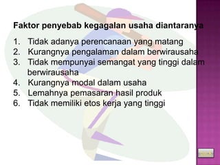 Faktor penyebab kegagalan usaha diantaranya
1. Tidak adanya perencanaan yang matang
2. Kurangnya pengalaman dalam berwirausaha
3. Tidak mempunyai semangat yang tinggi dalam
   berwirausaha
4. Kurangnya modal dalam usaha
5. Lemahnya pemasaran hasil produk
6. Tidak memiliki etos kerja yang tinggi




                                           back
 