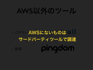 AWS以外のツール
ログサーバー!
監視
AWSにないものは
サードパーティツールで調達
 