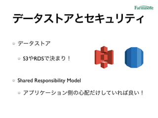 データストア!
S3やRDSで決まり！!
Shared Responsibility Model!
アプリケーション側の心配だけしていれば良い！
データストアとセキュリティ
 