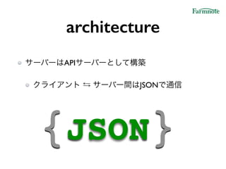 architecture
サーバーはAPIサーバーとして構築!
クライアント ⇆ サーバー間はJSONで通信
{JSON}
 