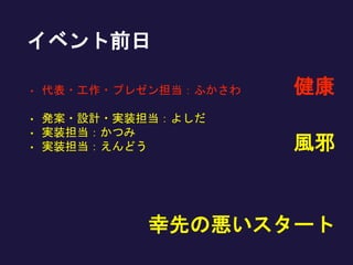 • 代表・工作・プレゼン担当：ふかさわ
• 発案・設計・実装担当：よしだ
• 実装担当：かつみ
• 実装担当：えんどう 風邪
健康
幸先の悪いスタート
イベント前日
 