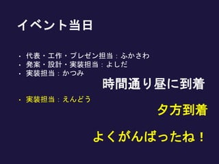 イベント当日
• 代表・工作・プレゼン担当：ふかさわ
• 発案・設計・実装担当：よしだ
• 実装担当：かつみ
• 実装担当：えんどう
よくがんばったね！
夕方到着
時間通り昼に到着
 