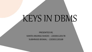 KEYS IN DBMS
PRESENTED BY,
KANTA ANURAG SHAOO : -220301120178
SUBHRASIS BISWAL : -220301120168
 