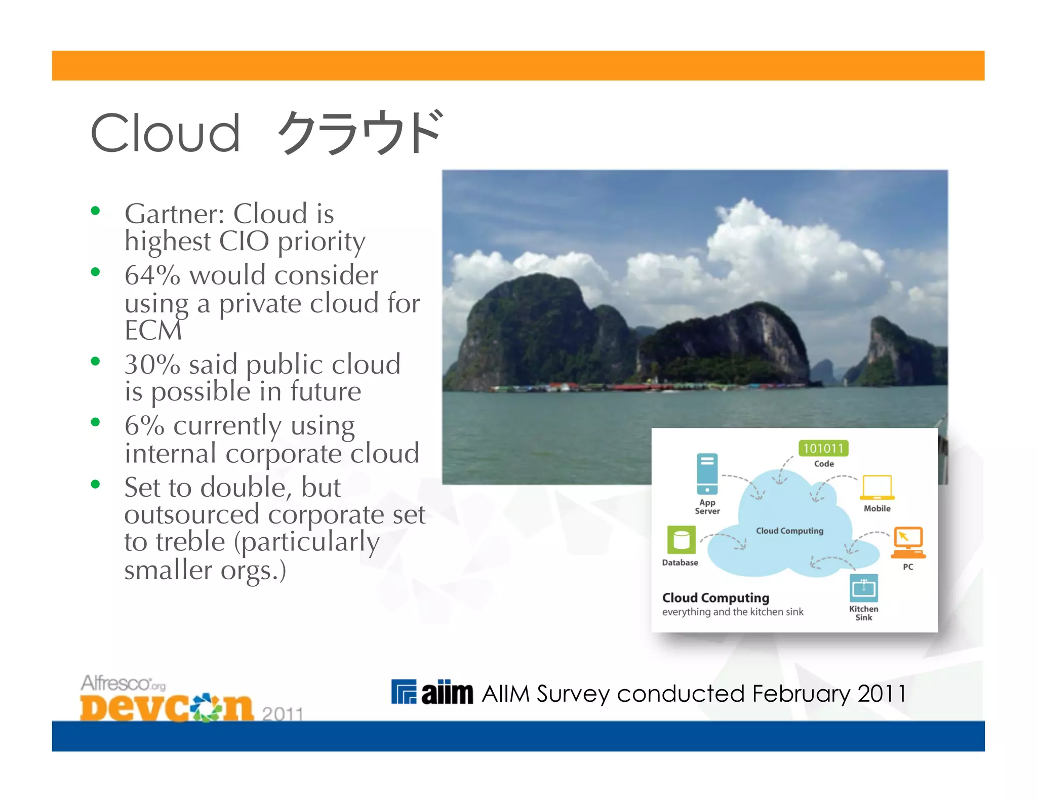 Cloud
•    Gartner: Cloud is
     highest CIO priority
•    64% would consider
     using a private cloud for
     ECM
•    30% said public cloud
     is possible in future
•    6% currently using
     internal corporate cloud
•    Set to double, but
     outsourced corporate set
     to treble (particularly
     smaller orgs.)



                                 AIIM Survey conducted February 2011
 