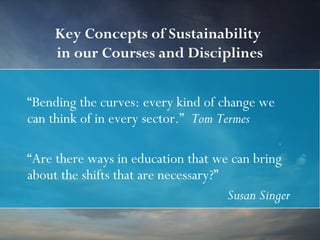 Key Concepts of Sustainability
     in our Courses and Disciplines


“Bending the curves: every kind of change we
can think of in every sector.” Tom Termes

“Are there ways in education that we can bring
about the shifts that are necessary?”
                                      Susan Singer
 