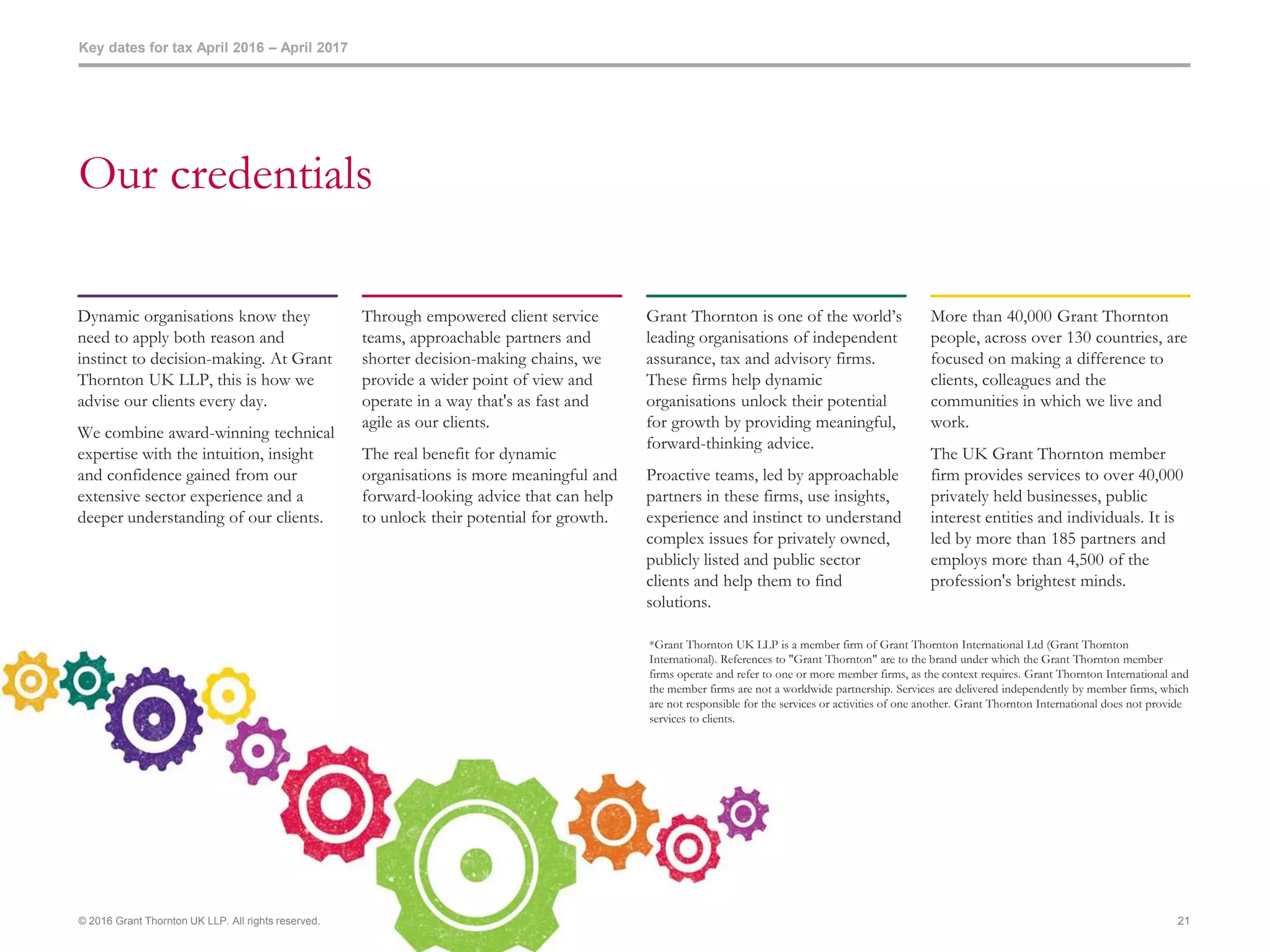 Key dates for tax April 2016 – April 2017
© 2016 Grant Thornton UK LLP. All rights reserved. 21
Our credentials
Dynamic organisations know they
need to apply both reason and
instinct to decision-making. At Grant
Thornton UK LLP, this is how we
advise our clients every day.
We combine award-winning technical
expertise with the intuition, insight
and confidence gained from our
extensive sector experience and a
deeper understanding of our clients.
Through empowered client service
teams, approachable partners and
shorter decision-making chains, we
provide a wider point of view and
operate in a way that's as fast and
agile as our clients.
The real benefit for dynamic
organisations is more meaningful and
forward-looking advice that can help
to unlock their potential for growth.
Grant Thornton is one of the world’s
leading organisations of independent
assurance, tax and advisory firms.
These firms help dynamic
organisations unlock their potential
for growth by providing meaningful,
forward-thinking advice.
Proactive teams, led by approachable
partners in these firms, use insights,
experience and instinct to understand
complex issues for privately owned,
publicly listed and public sector
clients and help them to find
solutions.
More than 40,000 Grant Thornton
people, across over 130 countries, are
focused on making a difference to
clients, colleagues and the
communities in which we live and
work.
The UK Grant Thornton member
firm provides services to over 40,000
privately held businesses, public
interest entities and individuals. It is
led by more than 185 partners and
employs more than 4,500 of the
profession's brightest minds.
*Grant Thornton UK LLP is a member firm of Grant Thornton International Ltd (Grant Thornton
International). References to "Grant Thornton" are to the brand under which the Grant Thornton member
firms operate and refer to one or more member firms, as the context requires. Grant Thornton International and
the member firms are not a worldwide partnership. Services are delivered independently by member firms, which
are not responsible for the services or activities of one another. Grant Thornton International does not provide
services to clients.
 