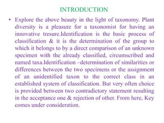 INTRODUCTION
• Explore the above beauty in the light of taxonomy. Plant
diversity is a pleasure for a taxonomist for having an
innovative tresure.Identification is the basic process of
classification & it is the determination of the group to
which it belongs to by a direct comparison of an unknown
specimen with the already classified, circumscribed and
named taxa.Identification –determination of similarities or
differences between the two specimens or the assignment
of an unidentified taxon to the correct class in an
established system of classification. But very often choice
is provided between two contradictory statement resulting
in the acceptance one & rejection of other. From here, Key
comes under consideration.
 