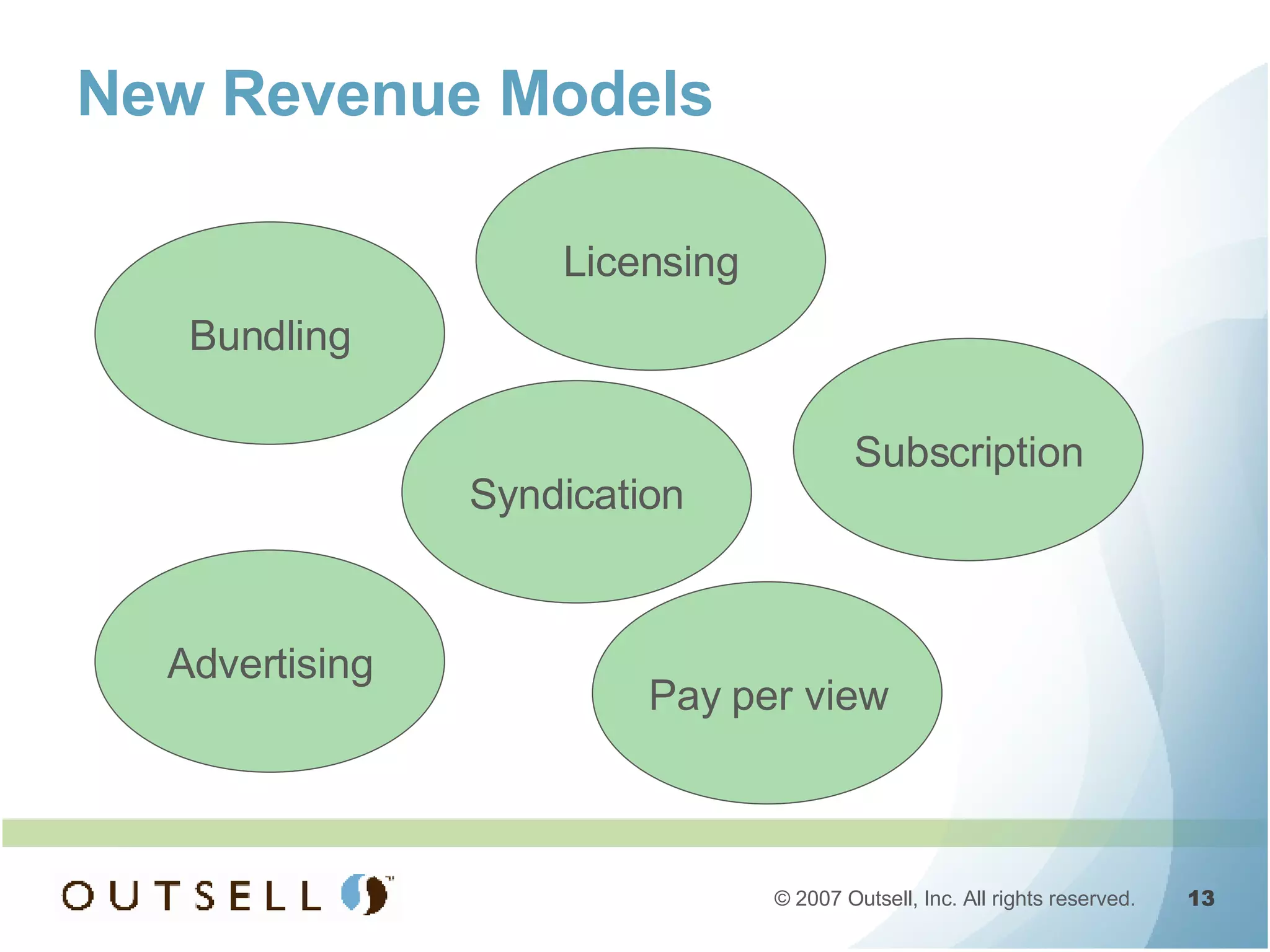 New Revenue Models Licensing Bundling Syndication Advertising Pay per view Subscription 