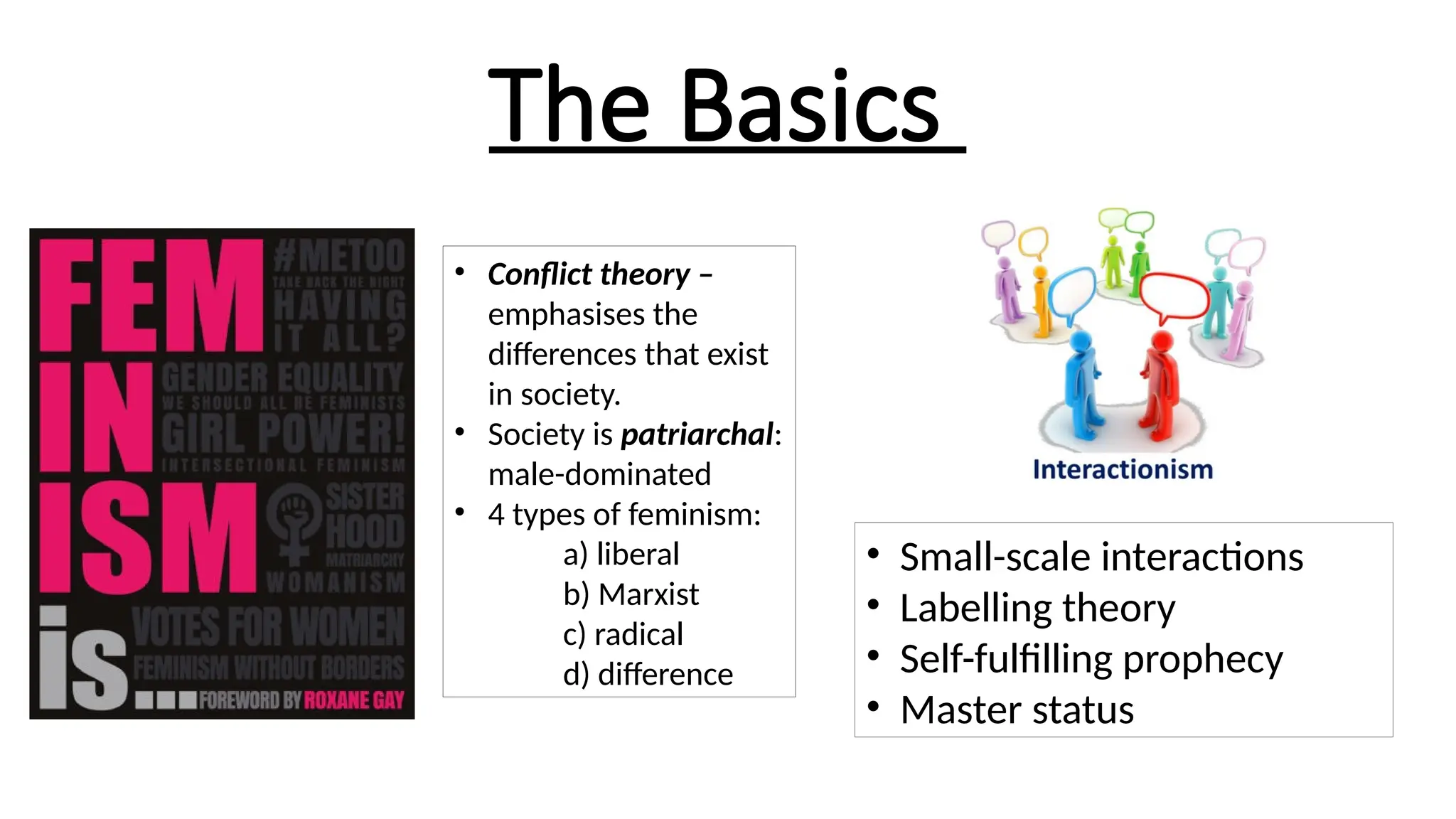 The Basics
• Conflict theory –
emphasises the
differences that exist
in society.
• Society is patriarchal:
male-dominated
• 4 types of feminism:
a) liberal
b) Marxist
c) radical
d) difference
• Small-scale interactions
• Labelling theory
• Self-fulfilling prophecy
• Master status
 