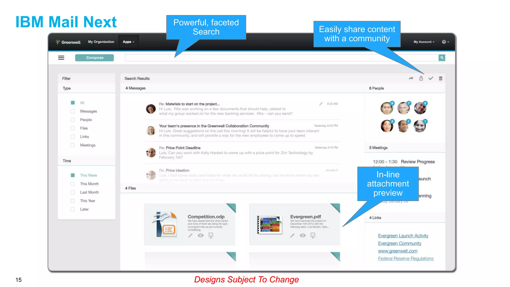 IBM Mail Next

Powerful, faceted
Search

Easily share content
with a community

In-line
attachment
preview

15

Designs Subject To Change

 