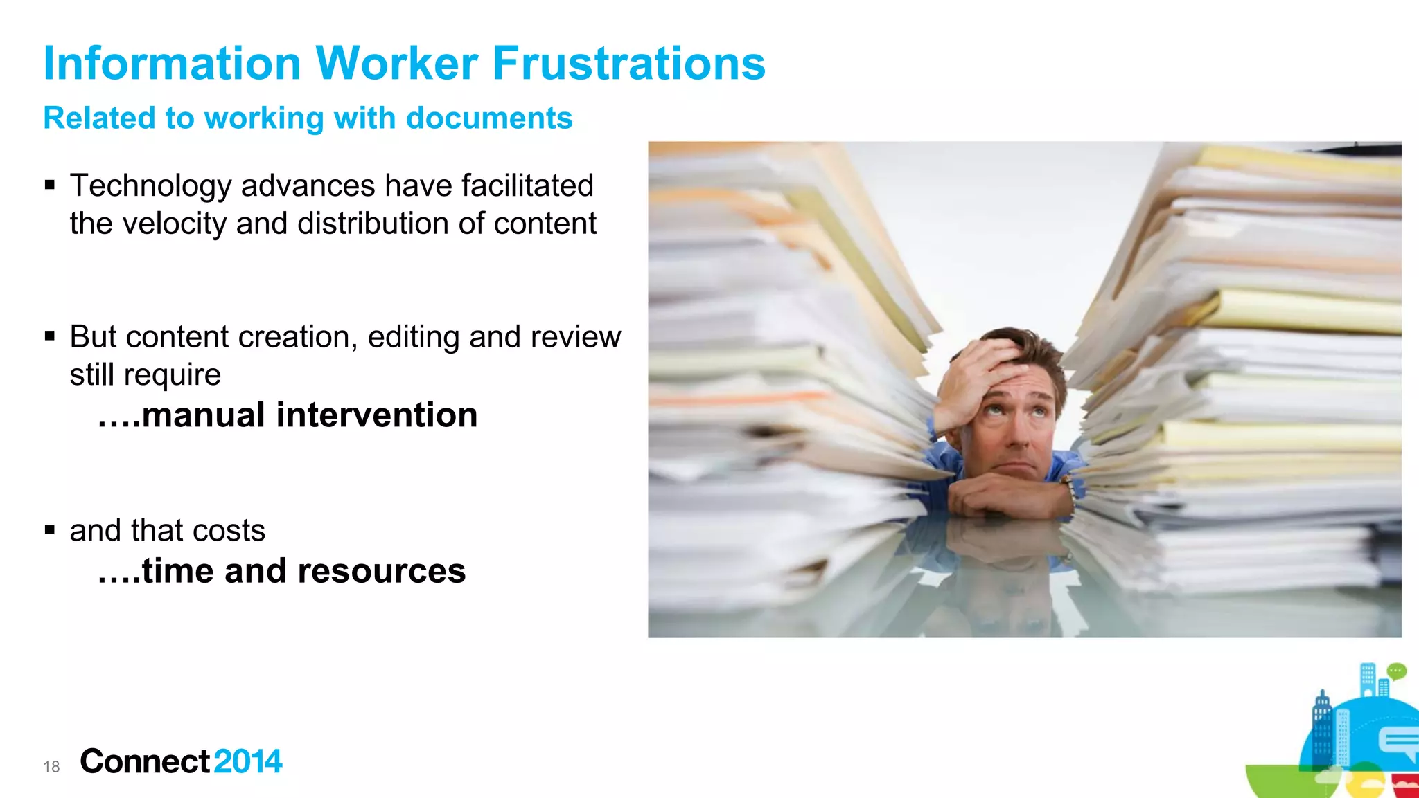 Information Worker Frustrations
Related to working with documents
 Technology advances have facilitated
the velocity and distribution of content
 But content creation, editing and review
still require

….manual intervention
 and that costs

….time and resources

18

 