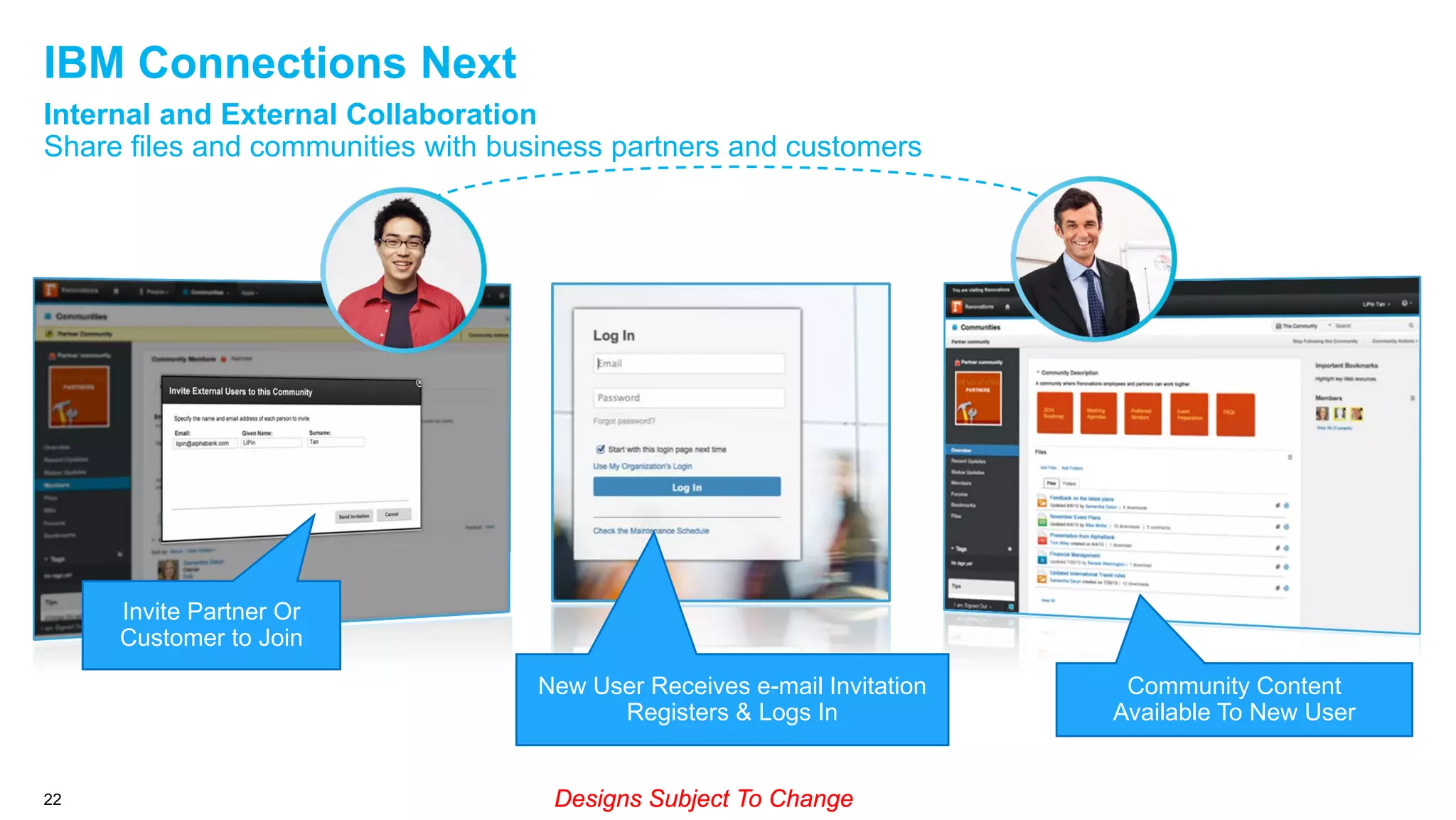 IBM Connections Next
Internal and External Collaboration
Share files and communities with business partners and customers

Invite Partner Or
Customer to Join
New User Receives e-mail Invitation
Registers & Logs In

22

Designs Subject To Change

Community Content
Available To New User

 
