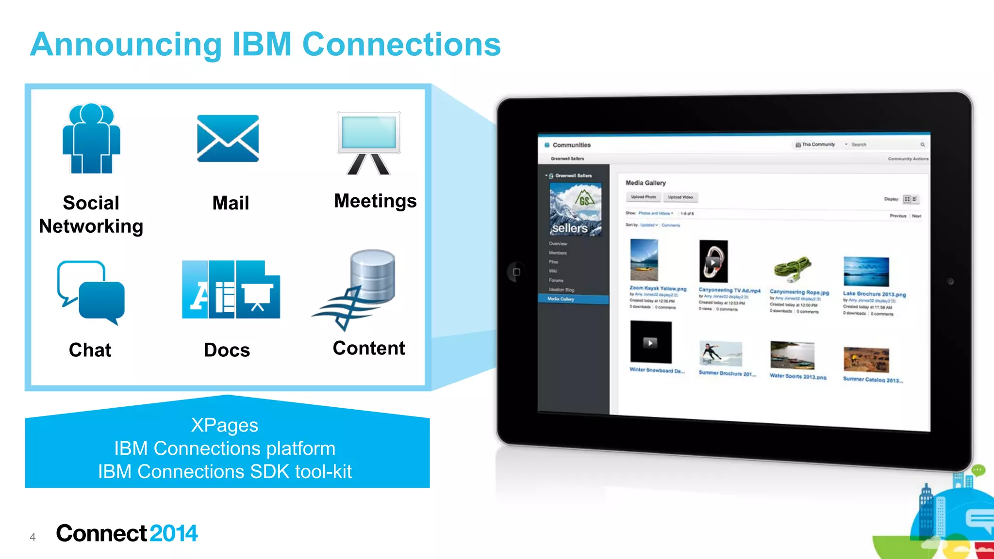 Announcing IBM Connections

Social
Networking

Mail

Chat

Docs

Meetings

Content

XPages
IBM Connections platform
IBM Connections SDK tool-kit

4

 