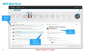 IBM Mail Next

“What’s
new?”

Team
analytics

“Mute” a
thread or
conversation

13

Designs Subject To Change

 