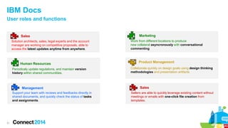 IBM Docs
User roles and functions

Sales
Solution architects, sales, legal experts and the account
manager are working on competitive proposals, able to
access the latest updates anytime from anywhere.

Human Resources
Periodicaly update regulations, and maintain version
history within shared communitiies.

Management
Support your team with reviews and feedbacks directly in
shared documents, and quickly check the status of tasks
and assignments.

21

Marketing
Work from different locations to produce
new collateral asyncronously with conversational
commenting

Product Management
Collaborate quickly on design goals using design thinking
methodologies and presentation artifacts.

Sales
Sellers are able to quickly leverage existing content without
meetings or emails with one-click file creation from
templates.

 
