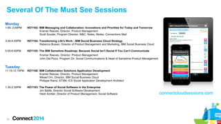 Several Of The Must See Sessions
Monday
1:00- 2:00PM

KEY102: IBM Messaging and Collaboration: Innovations and Priorities for Today and Tomorrow
Kramer Reeves, Director, Product Management
Scott Souder, Program Director, M&C, Notes, iNotes, Connections Mail

3:45-4:45PM

KEY104: Transforming Life's Work - IBM Social Business Cloud Strategy
Rebecca Buisan, Director of Product Management and Marketing, IBM Social Business Cloud

5:00-6:00PM

KEY105: The IBM Sametime Roadmap: Because Social Isn't Social If You Can't Communicate
Kramer Reeves, Director, Product Management
John Del Pizzo, Program Dir, Social Communications & Head of Sametime Product Management

Tuesday
11:15-12:15PM

KEY108: IBM Collaboration Solutions Application Development
Kramer Reeves, Director, Product Management
Mikael Orn, Director, IBM Social Business Cloud
Philippe Riand, STSM, ICS Social Application Development Architect

1:30-2:30PM

KEY103: The Power of Social Software in the Enterprise
Jim Battle, Director Social Software Development
Heidi Ambler, Director of Product Management, Social Software

32

connectcloudsessions.com

 