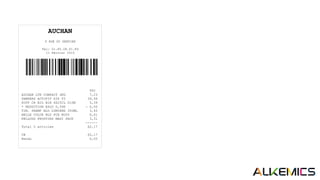 AUCHAN
8 RUE DU SENTIER
Tel: 01.85.08.61.89
11 Février 2015
Carte de fidélité 6532 2938 2321 3232
TTC
AUCHAN LTR COMPACT 4KG 7,23
PAMPERS ACTIFIT X34 T3 39,99
HIPP CR BIO BIB 6X25CL D10M 5,39
* REDUCTION EXLU 0,50€ - 0,50
TIM. SHAMP BLD LUMIERE 300ML 3,45
BELLE COLOR BLD FCE NO05 6,61
KELLOGS FROSTIES MAXI PACK 3,31
------
Total 5 articles 62,17
CB 62,17
Rendu 0,00
 