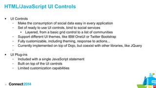 HTML/JavaScript UI Controls


UI Controls
–
Make the consumption of social data easy in every application
–
Set of ready to use UI controls, bind to social services
●
Layered, from a basic grid control to a list of communities
–
Support different UI themes, like IBM OneUI or Twitter Bootstrap
–
Fully customizable, including theming, response to actions...
–
Currently implemented on top of Dojo, but coexist with other libraries, like JQuery
–



16

UI Plug-ins
–
Included with a single JavaScript statement
–
Built on top of the UI controls
–
Limited customization capabilities

 
