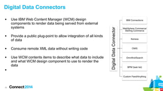 Digital Data Connectors










26

Use IBM Web Content Manager (WCM) design
components to render data being served from external
systems
Provide a public plug-point to allow integration of all kinds
of data
Consume remote XML data without writing code
Use WCM contents items to describe what data to include
and what WCM design component to use to render the
data

 