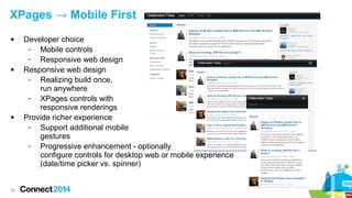 XPages → Mobile First






30

Developer choice
–
Mobile controls
–
Responsive web design
Responsive web design
–
Realizing build once,
run anywhere
–
XPages controls with
responsive renderings
Provide richer experience
–
Support additional mobile
gestures
–
Progressive enhancement - optionally
configure controls for desktop web or mobile experience
(date/time picker vs. spinner)

 
